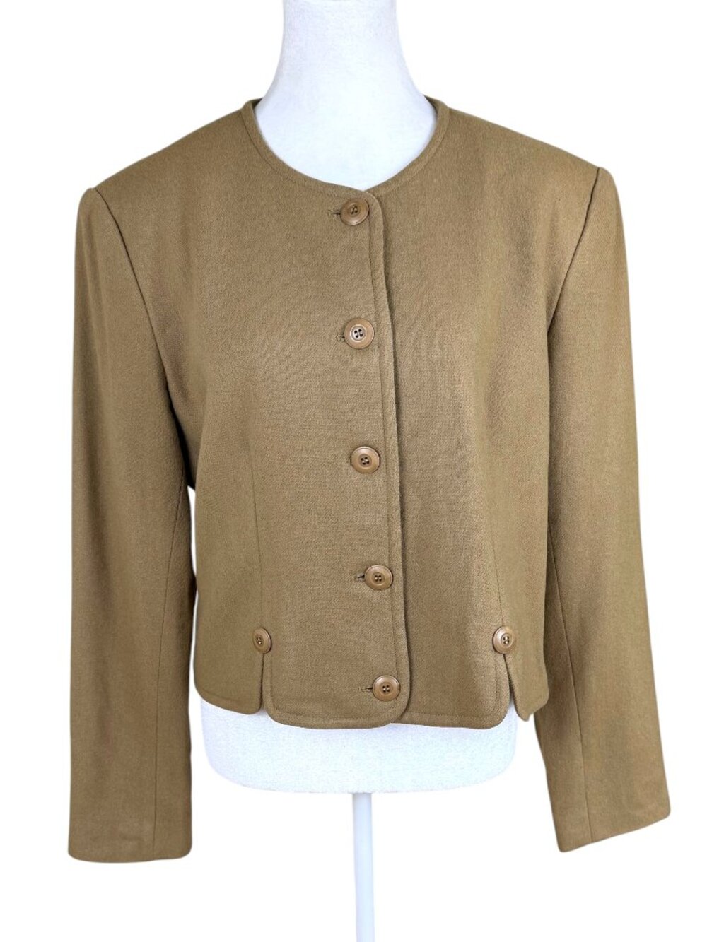 Orvis Wool Blazer Jacket Cropped Collarless Tan Beige Tailored Vintage (~XL)
